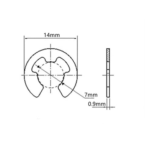 Diagram of External E Clip Retaining Ring Washers For 7mm Shafts, 14mm Outer Diameter Circlip Snap Ring, side and front view.