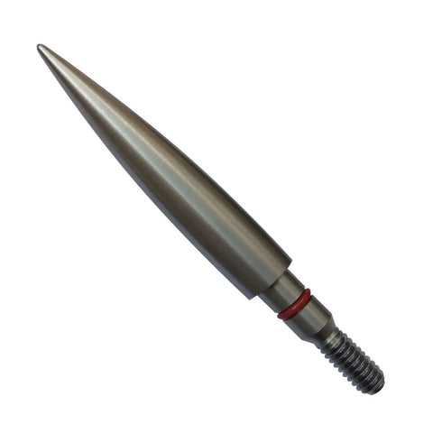 Close-up of a 200 Grain Stainless Steel Field Point For Archery Practice, 19/64 Inch Shaft, precision machined, silicone ring visible