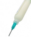 Close-up of needle tip from Pro Grade Syringe Solder Paste Flux Kit With RMA-223 10cc for PCB BGA soldering and repair.