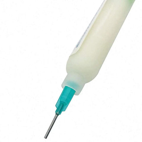 Close-up of needle tip from Pro Grade Syringe Solder Paste Flux Kit With RMA-223 10cc for PCB BGA soldering and repair.