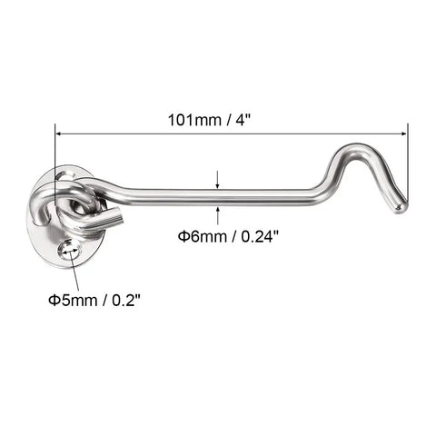 Heavy Duty Tough As Nails Stainless Steel Gate Hook Latch And Window Catch For Cabin Swing Doors Featuring Brushed Finish, 101mm hook.