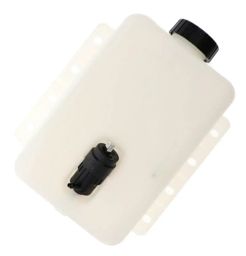 Top view of Windshield Washer Fluid Reservoir OE Replacement For Heavy Duty Trucks And Buses FLM065400 with cap and pump.