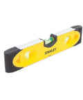 Yellow 9-inch Magnetic Torpedo Level with shock resistant build, integrated pipe groove, non marring rubber end caps, easy read vial.