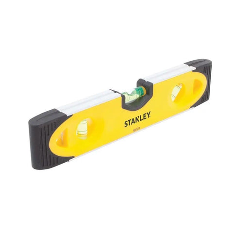 Yellow 9-inch Magnetic Torpedo Level with shock resistant build, integrated pipe groove, non marring rubber end caps, easy read vial.