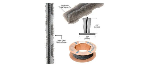Diagram of 100 Ft Roll Zipper Pile Weatherstrip with 0.250 inch pile height and 0.187 inch backing, double center fin design.