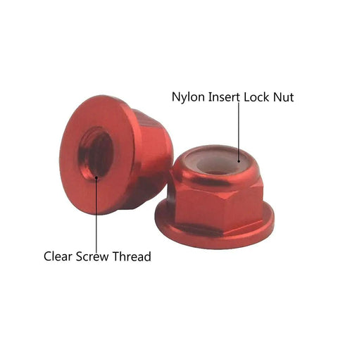 Heavy Duty M4 Aluminum Nylon Lock Nuts 25 Pack Flange Self Locking Inserts for Rc Drone FPV Builds, close-up view of red nylon insert lock nut.