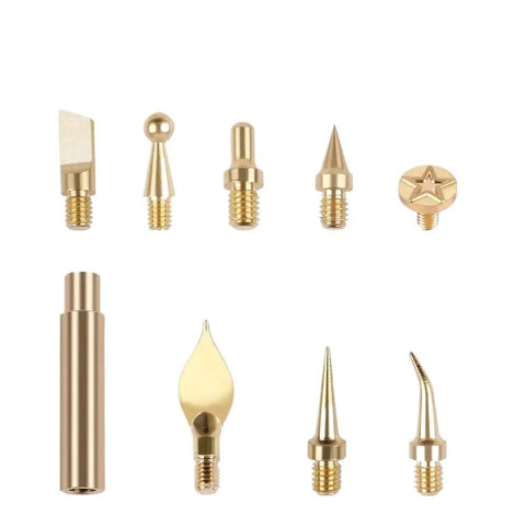 Must-Have 9PC Heat Insert Nut Tool Kit For Hot Melt Embedding Brass Thread Inserts With Soldering Iron Tip, showing various brass insert tips.