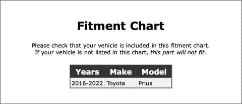 Fitment chart for Plug And Play Drive Motor Inverter Cooler Water Pump For Toyota Prius 2016 Through 2022