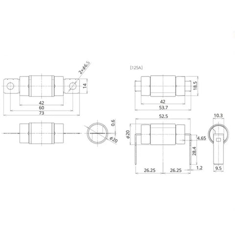 Heavy Duty 125A High Voltage Automotive Fuse DC450V dimensions and design specifications for circuit safety in vehicles.