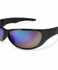 Heavy Duty Clear Safety Glasses 12 Pack Built Like A Tank With Wraparound Side Shields Impact Resistant Polycarbonate Frame Side view with reflective lenses.