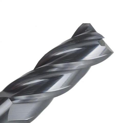 Close-up of Pro Grade Carbide Square End Mill, 4 Flute, AlTiN Coated for CNC, visible cutting edge for hardened steels.