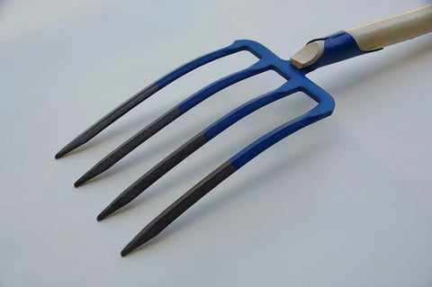 Garden Digging Spading Fork With Four Bayonet Prongs Forged In Austria One Piece Steel Head And Ash D Grip Handle in blue finish