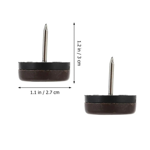 Non Slip Furniture Glides Nail On Pads showing dimensions 1.2 in x 1.1 in with brown base and metal nail