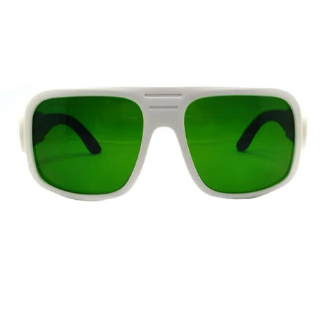 Heavy Duty Laser Safety Glasses Serving Up Knock Out Protection Across 800 To 1700Nm With Od4 Plus And Od6 Plus Ratings For Telecom Nd Yag Diode Crews Clear Lens, white frame and green lenses.