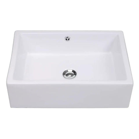 Rectangular Porcelain Vessel Sink For Bathroom Above Counter White With Chrome Drain And Overflow Industrial Modern Style Twenty By Fourteen Inch Size No Fuss Durable Ceramic Construction And Easy To Clean
