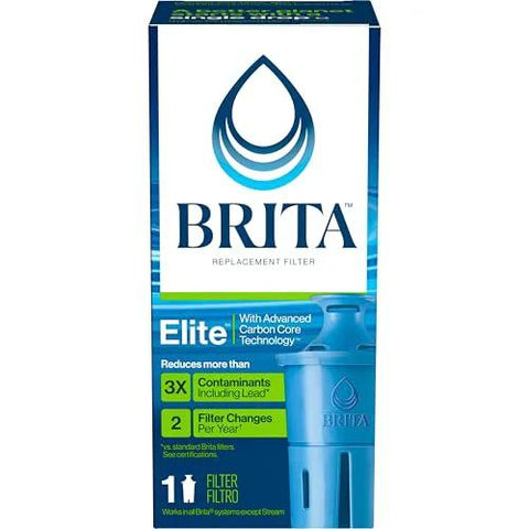Front view of BRITA Elite pitcher replacement filter packaging box; blue box with BRITA logo.