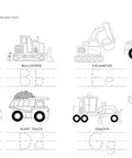 Page from Busy Preschool Builders Learn With Trucks Tools And Mighty Machines In A Fun Construction Site Activity Book For Kid Friendly Hands And Curious Minds Ages 3 To 5 showing vehicle tracing activities.