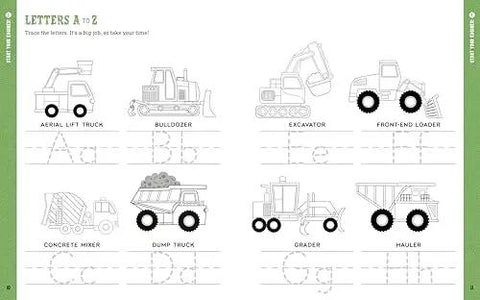 Page from Busy Preschool Builders Learn With Trucks Tools And Mighty Machines In A Fun Construction Site Activity Book For Kid Friendly Hands And Curious Minds Ages 3 To 5 showing vehicle tracing activities.