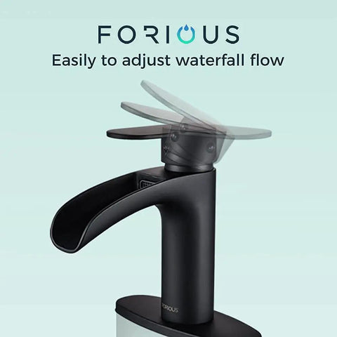 Black 6 Inch Corner Bathroom Sink Faucet With Waterfall Flow Single Hole Design Dope Look Metal Pop Up Drain Stopper Included