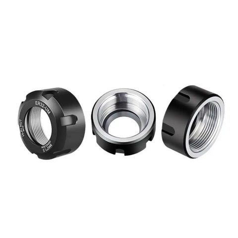 Heavy Duty ER25 ER32 ER40 Collet Nut For Engraving Machine And Lathe With Solid Clamping Power To Stop Tools From Loosening Or Breaking During Tough Milling Jobs Made From Premium Black 40CrMnTi Steel In 32xM40x1.5 Size - three views of ER32 black collet nut.