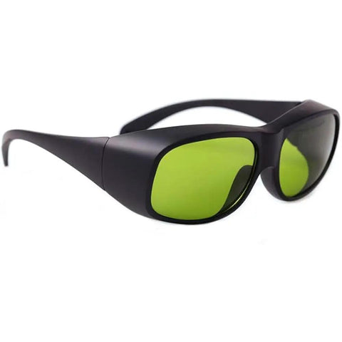 Top Shelf Laser Safety Glasses Lock Out Intense 755 808 And 1064 Nm NdYag Beams Via Thick Clear Lenses Packed With Serious Optical Density Specs Built Tough For Med Spa Professionals, showing a side profile with green lenses.