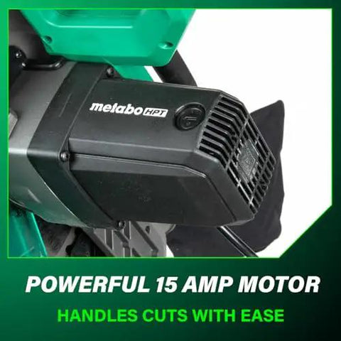Close-up of 15 Amp motor on 10 Inch Single Bevel Compound Miter Saw With Fast Clean Pro Grade Cuts, includes Xact Cut Shadow Line.