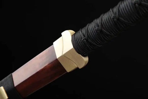 Close-up of handle and guard on Fully Handmade Damascus Steel Folding Blade Sword With Rosewood Scabbard And Brass Fittings Heat Tempered