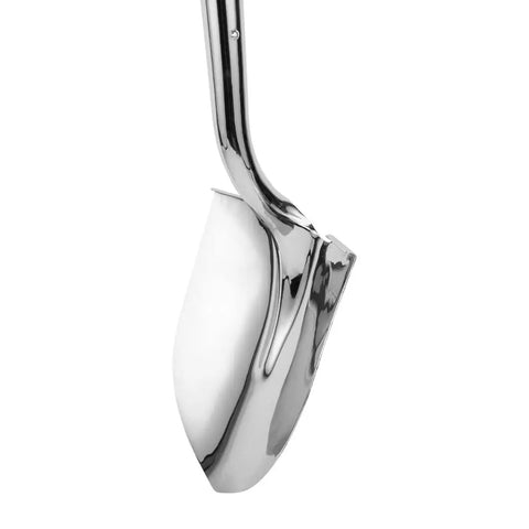Polished Chrome Ceremonial Shovel For Groundbreakings And Ribbon Cuttings, 27 Inch D-Grip With American Ash Handle, side view