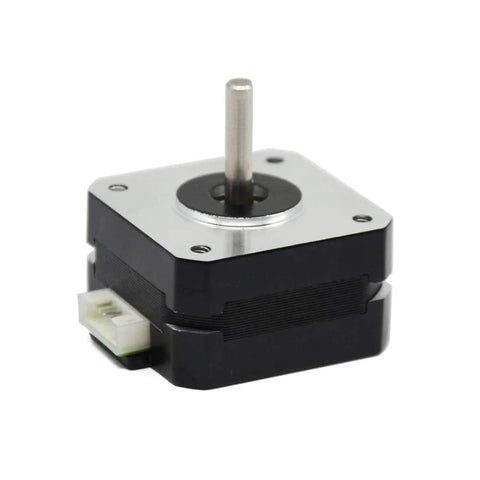 Front view of a NEMA 17 stepper motor with 4-lead connector, silver top plate, black body, and protruding shaft.