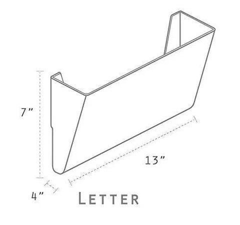 Diagram of Clear Letter Size Wall File Organizer dimensions, 2 pack, easy mount with anchor screws, double sided tape, and pocket clip.