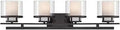 Fusion 33.25 Inch Four Light Bathroom Vanity Fixture in Biscayne Bronze with captured rings of layered glass, front view.