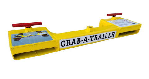 Forklift Trailer Hitch Attachment With Dual Pallet Fork Tow Adapter For Skid Steers And Forklifts, yellow with red handles