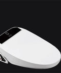 Smooth Operator Smart Toilet Seat Cover Featuring Auto Heated Bidet Function Remote Controlled Warm Air Drying compact white design with control panel.