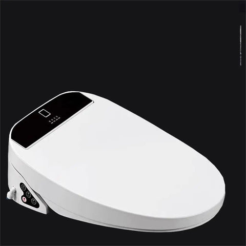 Smooth Operator Smart Toilet Seat Cover Featuring Auto Heated Bidet Function Remote Controlled Warm Air Drying compact white design with control panel.