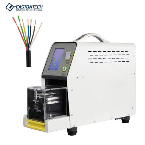Precision Rotary Wire Stripping Machine That Eats 8mm2 Cables Like Butter Auto Coaxial Peeler Multi Layer Harness Stripper Programmable Industrial Striper Tool Model Ea1180 with touchscreen and wire samples.