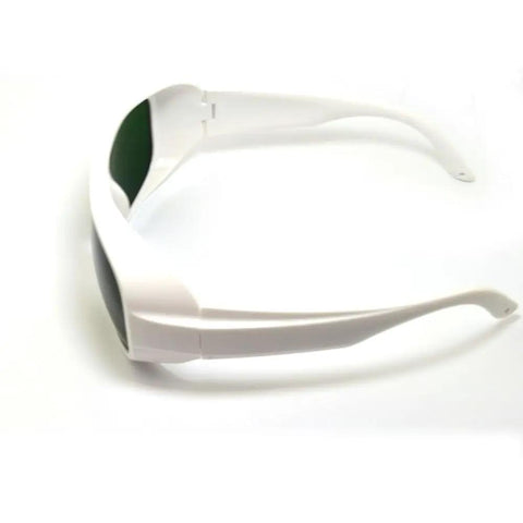 Solid Clear Lens Laser Safety Glasses For 660Nm And 800 To 1095Nm With OD5 Blocker shown side view, white frame and green lenses.