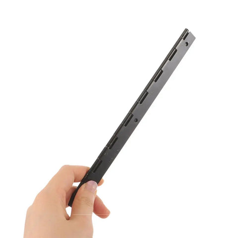 Hand holding Long Piano Hinge For Jewelry Boxes And Small Wooden Boxes With Black Stainless Steel Finish, Easy Install, Smooth Rotation