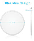 Diagram of 12 Inch Ultra Thin LED Flush Mount Ceiling Light Fixture Daylight White 5000K, 24W, 3200 Lumens, side and front view.