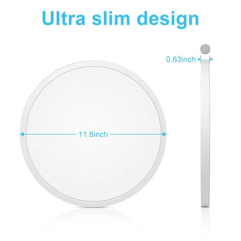 Diagram of 12 Inch Ultra Thin LED Flush Mount Ceiling Light Fixture Daylight White 5000K, 24W, 3200 Lumens, side and front view.