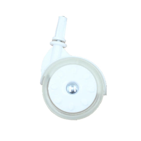 White plastic caster wheel with screw-type stem for toddler walker
