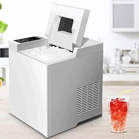 Reliable High Output Countertop Ice Maker Creates Fresh Nugget Ice Automatically With Self Cleaning Mode And Dual Cube Sizes For Effortless Cold Sips And No Sweat Family Gatherings on a kitchen countertop with a refreshing drink.