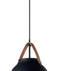 Nordic Vibe 1 Light Pendant Light with tan leather and black finish aluminum shade, modern small pendant for kitchens and counters.