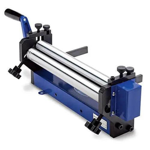 12 Inch Slip Roll Roller for Sheet Metal and Wire up to 18 gauge, featuring durable steel construction and ergonomic handle, side view.