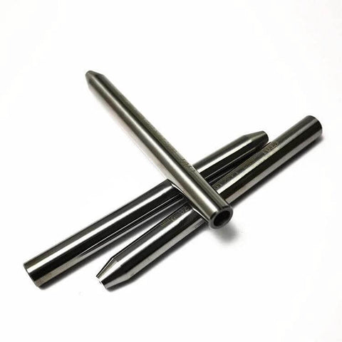 Angled view of three metal water jet nozzle focusing tubes for abrasive cutting, 76.2 mm length.