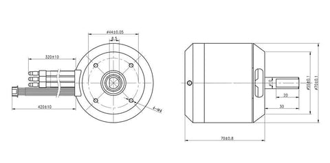 Technical diagram of the Beefy 7070 Offroad Electric Skateboard Motor With 4200W Peak Power 110Kv Sensored D Shaft 10Mm