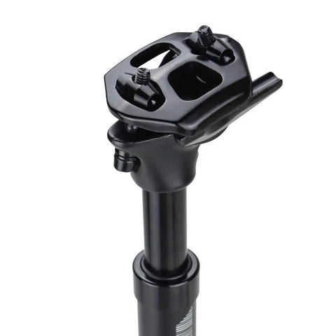 Close-up of black Suspension Bike Seat Post 27.2x350mm With Shock Absorber showing top mount, aluminum alloy construction for MTB Road BMX