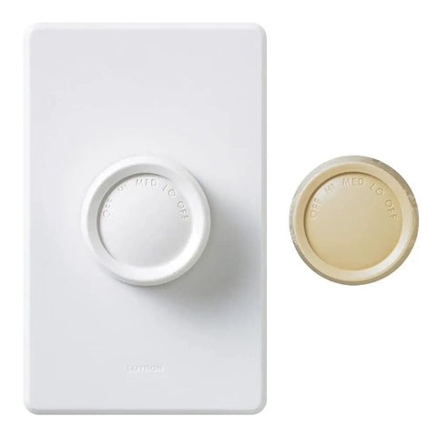 Rotary On Off Fan Speed Controller for 3 Gang Wall Plates With Flush Mount and No Visible Screws, Includes White and Ivory Knobs, Ideal With Traditional Dimmers and Switches, Oversized Design Hides Gaps for Secure Clean Install. White 3-gang wall plate with ivory knob