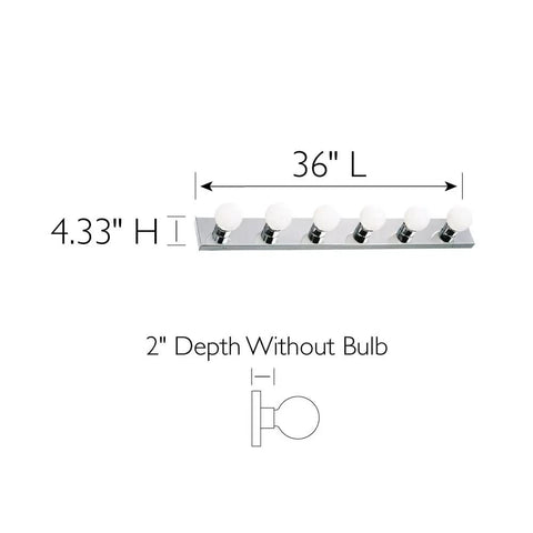 Dimensions diagram of Six Light Vanity Light Bar Dimmable Polished Chrome Boss Vibe, 36" length, 4.33" height, 2" depth shown.