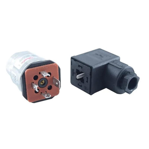 Front view of MBS-3000 pressure transmitter: stainless steel sensor head and black plastic electrical connector