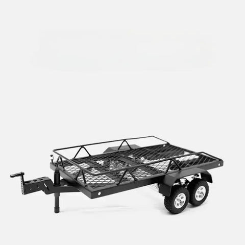 Top Tier 1:24 Scale Heavy Duty Metal RC Cargo Hauler Trailer Compatible With Scx24 Fms24 Fms18. Close-up of black mesh trailer.